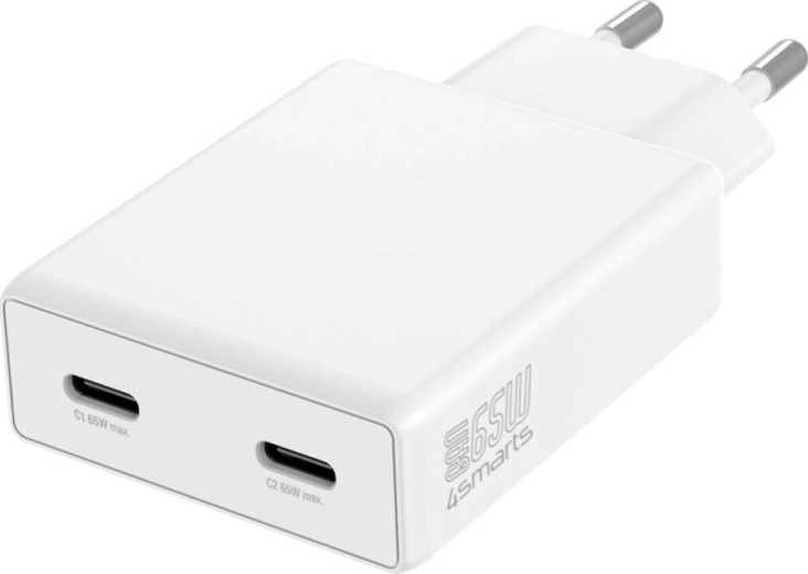 Vægoplader PDPlug 65W GaN med to USB‑C, hvid