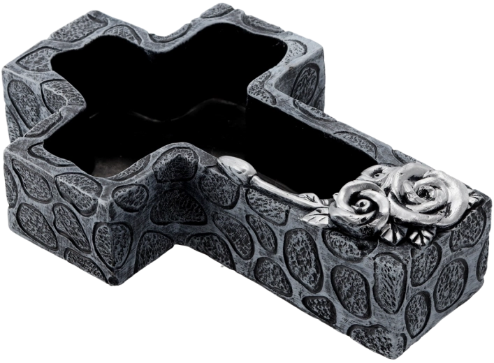 Cement blomsterkrukke til kirkegård i korsform, mørkegrå med sølvfarvede detaljer 28 × 18 × 7,5 cm