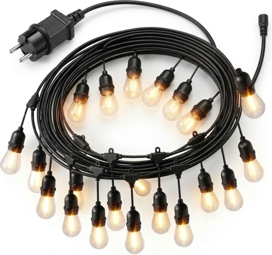 Udendørs lyskæde 20 m, 20× LED pære, varm hvid 2700K, IP44, 9 W