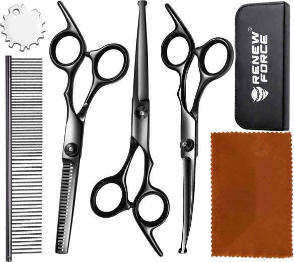 RENEW FORCE professionelt grooming-sæt med sakse til kæledyr med kam og etui
