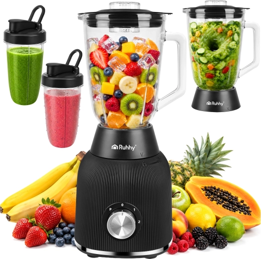 Ruhhy bordblender i glas 1200 W med isknusning og 2 transportflasker