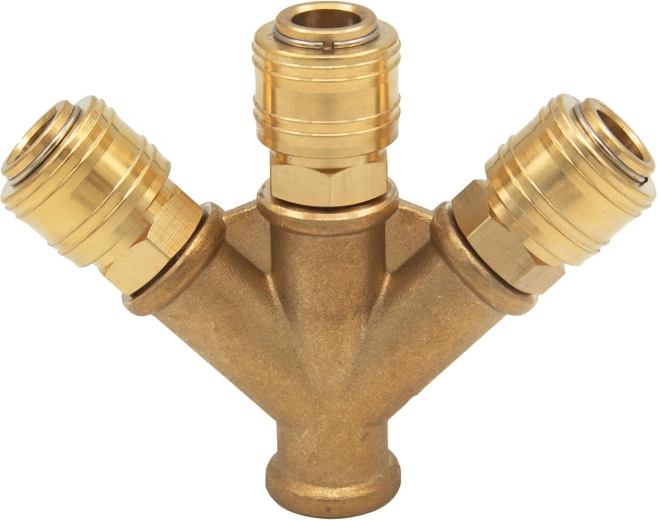 Messing T-stykke med indvendigt gevind 3/8" og tre lynkoblinger