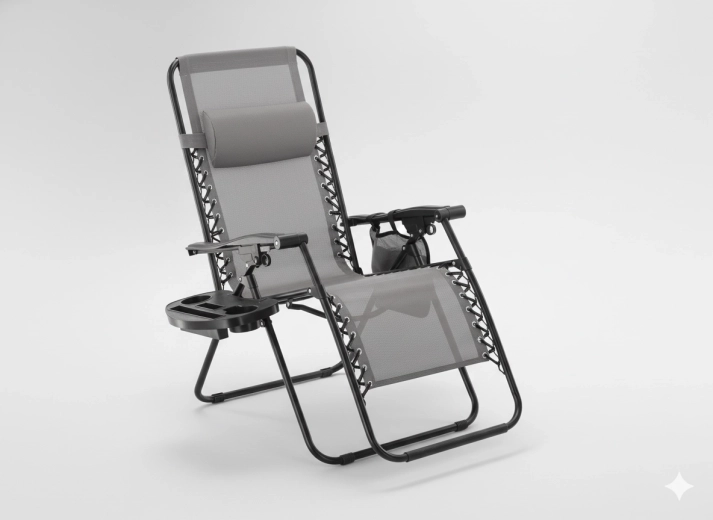 Sammenklappelig havestol med bord, lomme og nakkepude – grå