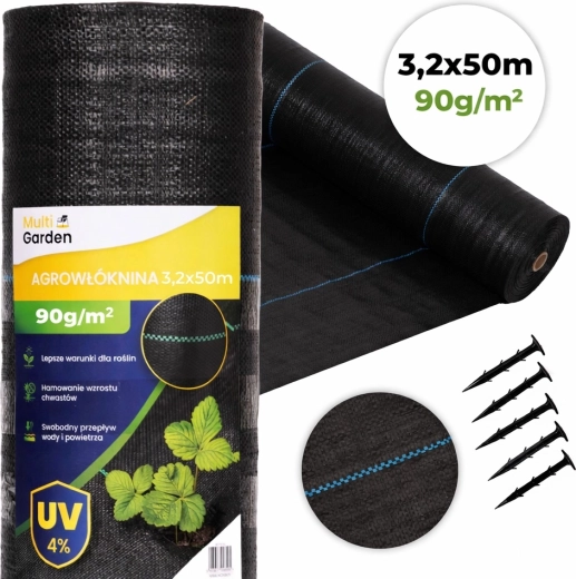 UV-bestandigt ukrudtsdug 90 g/m² 3,2 × 50 m med pløkker, MultiGarden