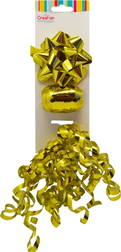 Gavesæt i metallisk guld – sløjfe 9 cm, bånd 10 m, lille sløjfe 6 mm (3 stk.)