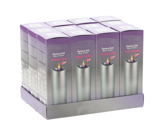 LED-lys 5 × 15 cm med sølvfinish og lyserød flamme