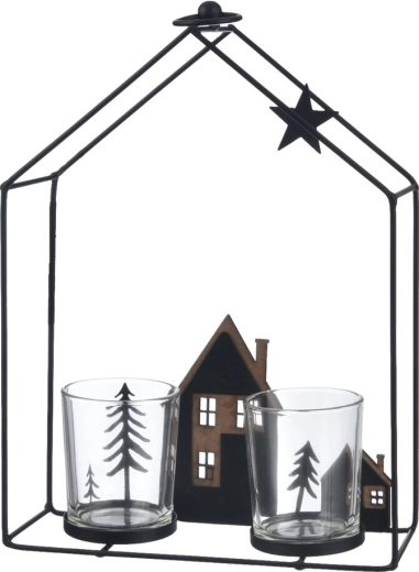 Lysestage/lanterne i husform af metal og glas