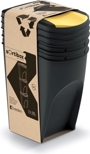Sæt med 3 beholdere til kildesortering SORTIBOX 3×35 l – sort af genbrugsmateriale