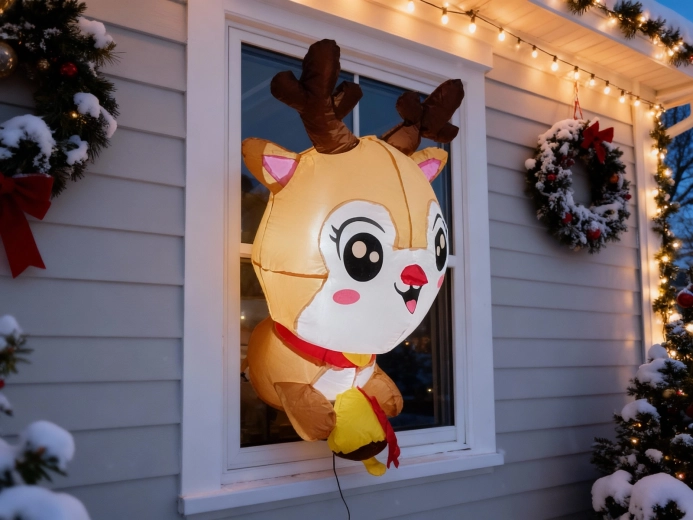 Oppustelig, lysende rensdyr til vindue 90 cm med LED og sugekopper