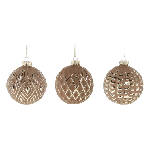 Glasjulekugler 8 cm brune med gyldne ornamenter, sæt 12 stk.