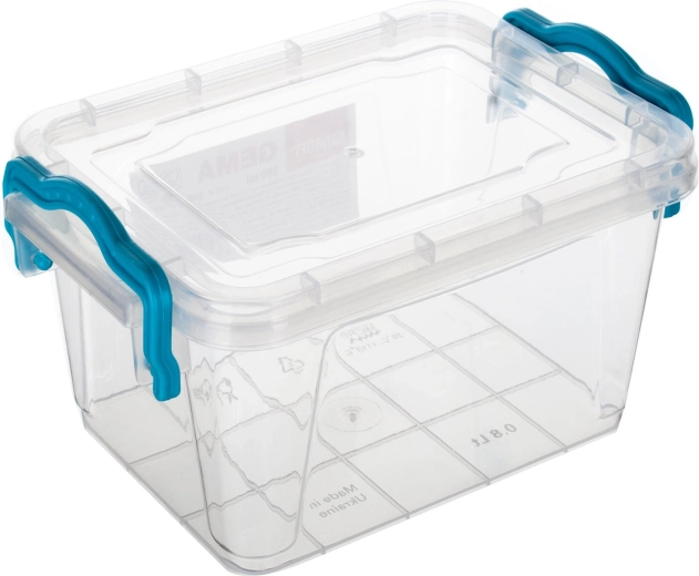 Opbevaringsboks Gema 0,8 l med låg og clips, transparent/turkis