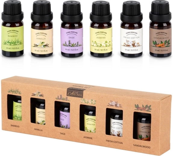 Gavesæt med æteriske olier 6×10 ml – bambus, vanilje, salvie, jasmin, fresh cotton, sandeltræ