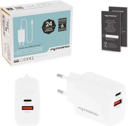 Movano GaN-oplader 30 W USB-C PD + USB-A hvid - 1 stk.
