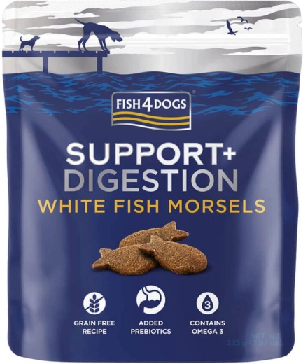 Fish4Dogs godbidder til hunde Support+ fordøjelsesstøtte med hvid fisk og prebiotika 225 g