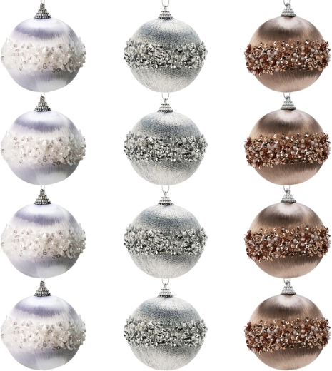 Sæt af brudsikre juleornamenter i hvid, sølv og champagne 8 cm – 12 stk.