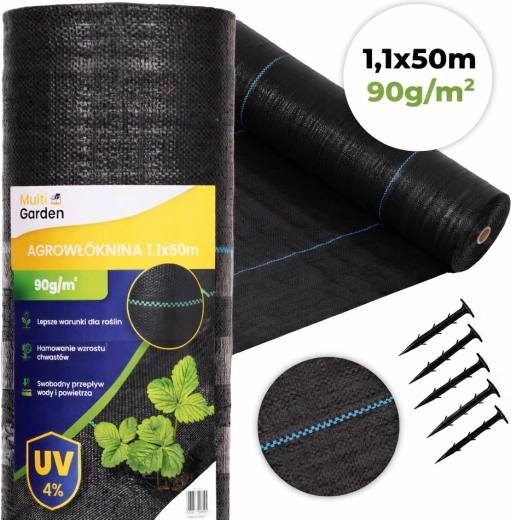 UV-bestandigt ukrudtsdug 90 g/m², 1,1 × 50 m med pløkker, MultiGarden
