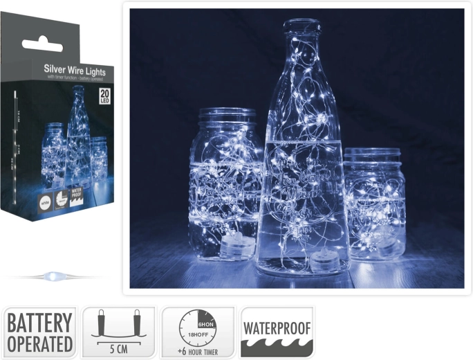 Lyskæde 1,3 m 20 LED kold hvid, vandtæt med timer