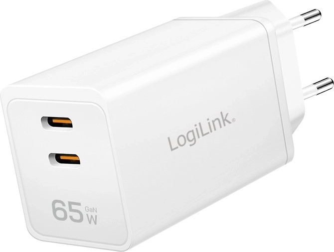 Vægoplader LOGILINK 65W med 2× USB‑C, hvid