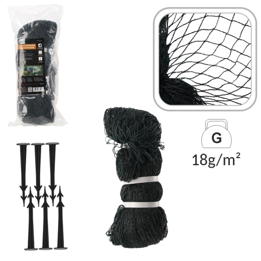 Beskyttelsesnet mod fugle 2 × 10 m, 18 g/m² + 6 plastpløkker