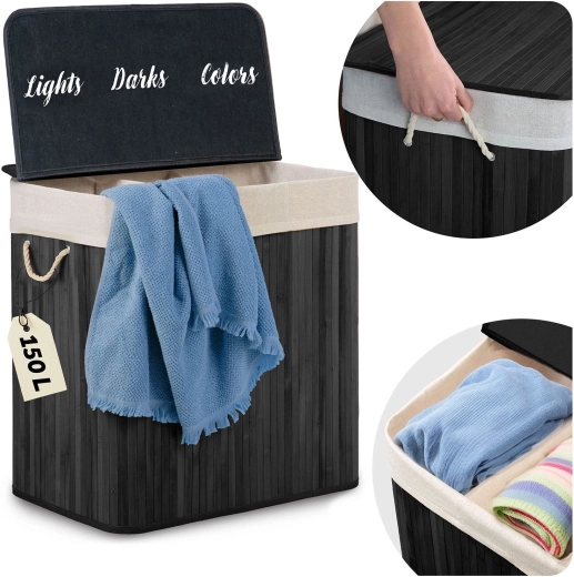 Bambusvasketøjskurv med låg 150 l, 3-rums