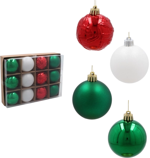 Sæt med julekugler 6 cm – røde, grønne og hvide, uknuselige, 12 stk.