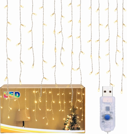 Julelystæppe med istapper, 96 LED, varm hvid, USB, 3,5 m