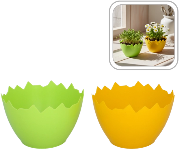 Plastisk dekorativ blomsterkrukke formet som en sprækket æggeskal 15 cm