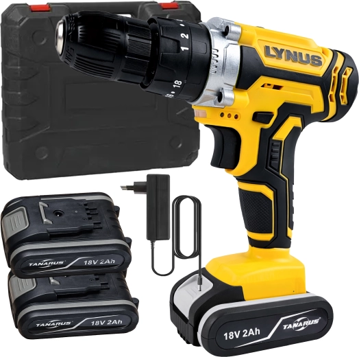 Akku-boremaskine og skruetrækker 18 V med LED, kuffert og 2× batteri 2 Ah