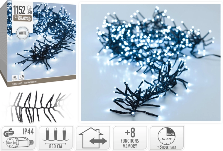 Jule-LED lyskæde 8,5 m, kold hvid, 1152 LED, 8 funktioner med timer