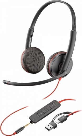 Headset POLY Blackwire 3225 USB‑C med USB‑A‑adapter og 3,5 mm