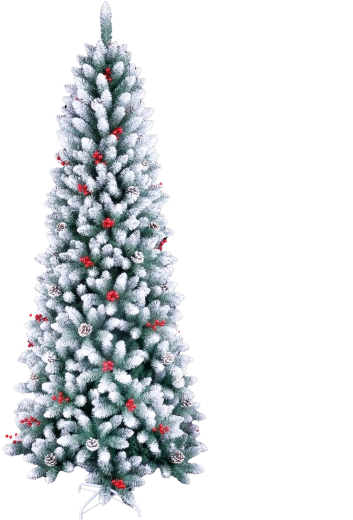 Kunstigt juletræ 210 cm, snebelagt, med rønnebær, kogler og LED-belysning