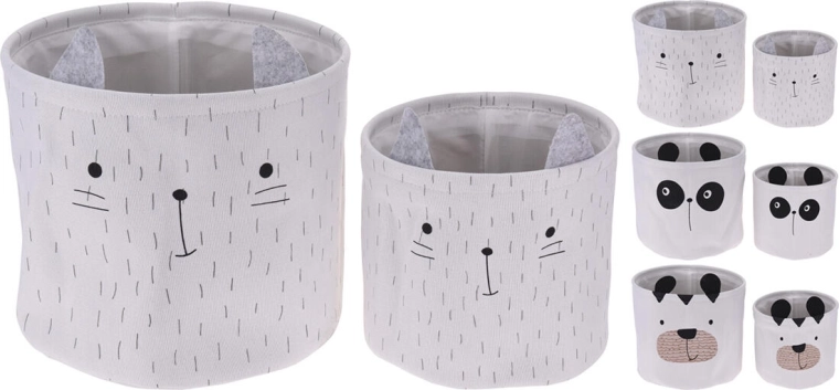 Børneopbevaringskurve med dyremotiver, sæt med 2 stk., polyester, hvid