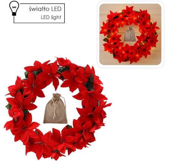 Julekrans med julestjerne og LED-belysning, 40 cm