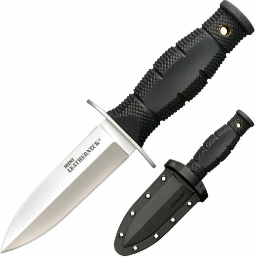 Cold Steel Mini Leatherneck Double Edge – lille halskniv 9 cm, sort, Kraton, Secure-Ex skede