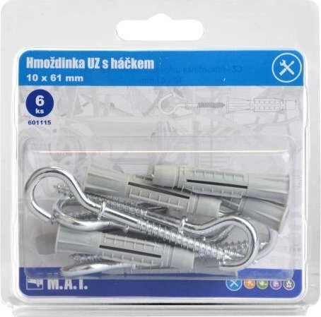 Knudeplugg med krog 10 × 61 mm, hvid zink, 6 stk.