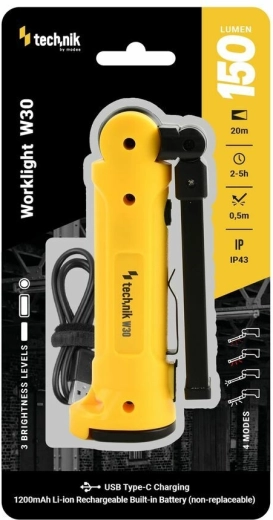 Technik W30 opladelig arbejdslygte COB LED 150 lm med rødt lys