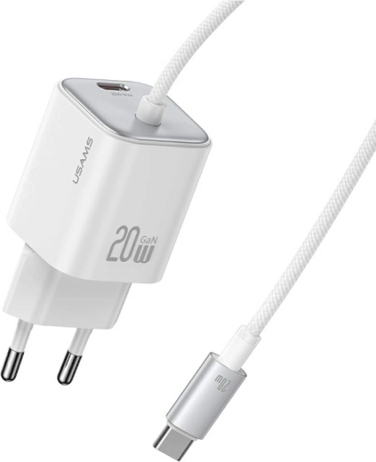 USAMS JC-serien 20 W GaN minioplader 2× USB‑C med integreret USB‑C-kabel hvid