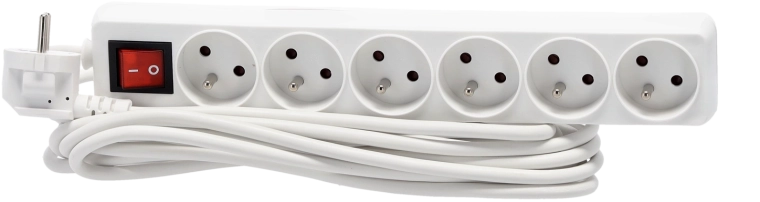 Forlænger overspændingsliste med afbryder, 6 stik, 5 m, hvid