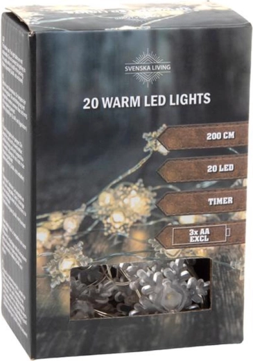 Lyskæde med timer, 20 LED snefnug, 200 cm