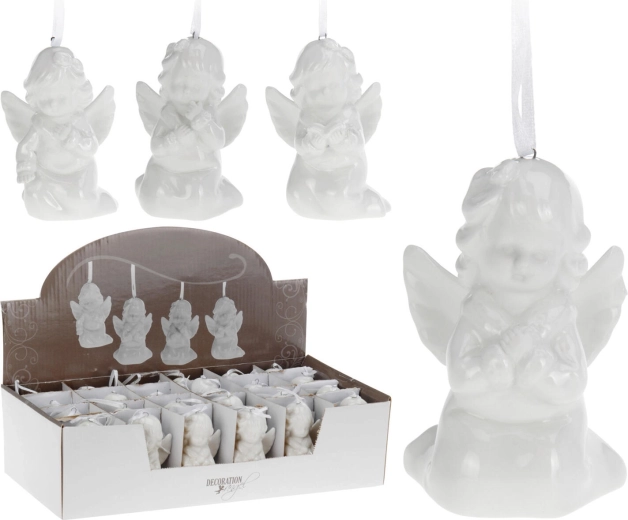 Hængende porcelænsdekoration engel 9 cm, hvid