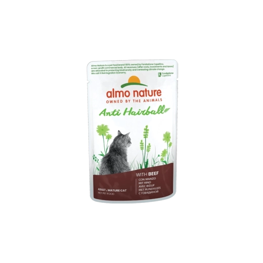 Almo Nature Anti‑Hairball pose til katte med oksekød, 70 g