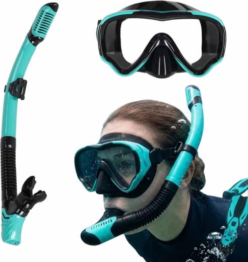 Snorkelsæt med panoramamaske og tør snorkel, blå-sort