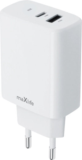 MAXLIFE 30 W vægoplader med USB‑C PD og USB‑A QC, hvid