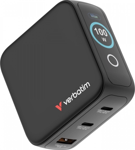 Verbatim mini GaN-oplader 100 W med smart TFT-touchskærm, 2× USB-C + USB-A, adaptere EU/UK/USA