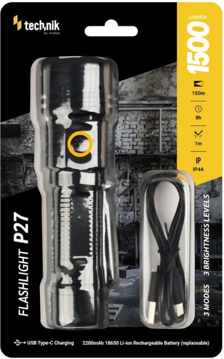 Technik MT-P27 lommelygte 1500 lm med USB‑C og udskifteligt 18650‑batteri
