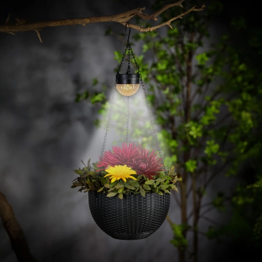 Hængende solcelle-LED-blomsterkrukke med rattan-effekt, sort