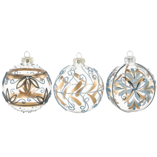 Glas julekugle blå‑guld 8 cm, sæt 12 stk.