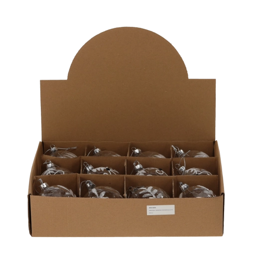 Glaskugle til jul 8 cm transparent, mix af mønstre (pakke med 12 stk)