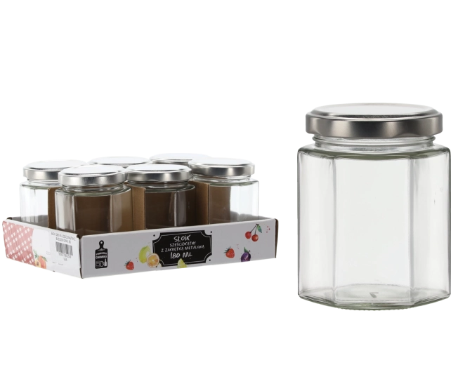 Sekskantet glas 180 ml med metal­låg