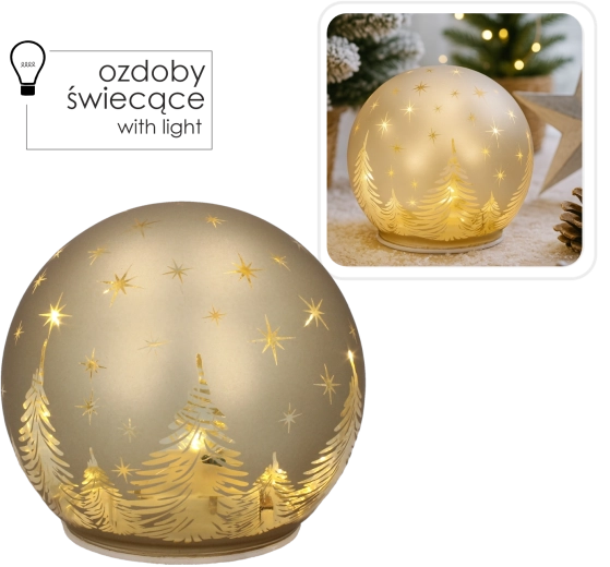 Glaskugle i guld med LED og stjernehimmel-effekt 12 × 11 cm